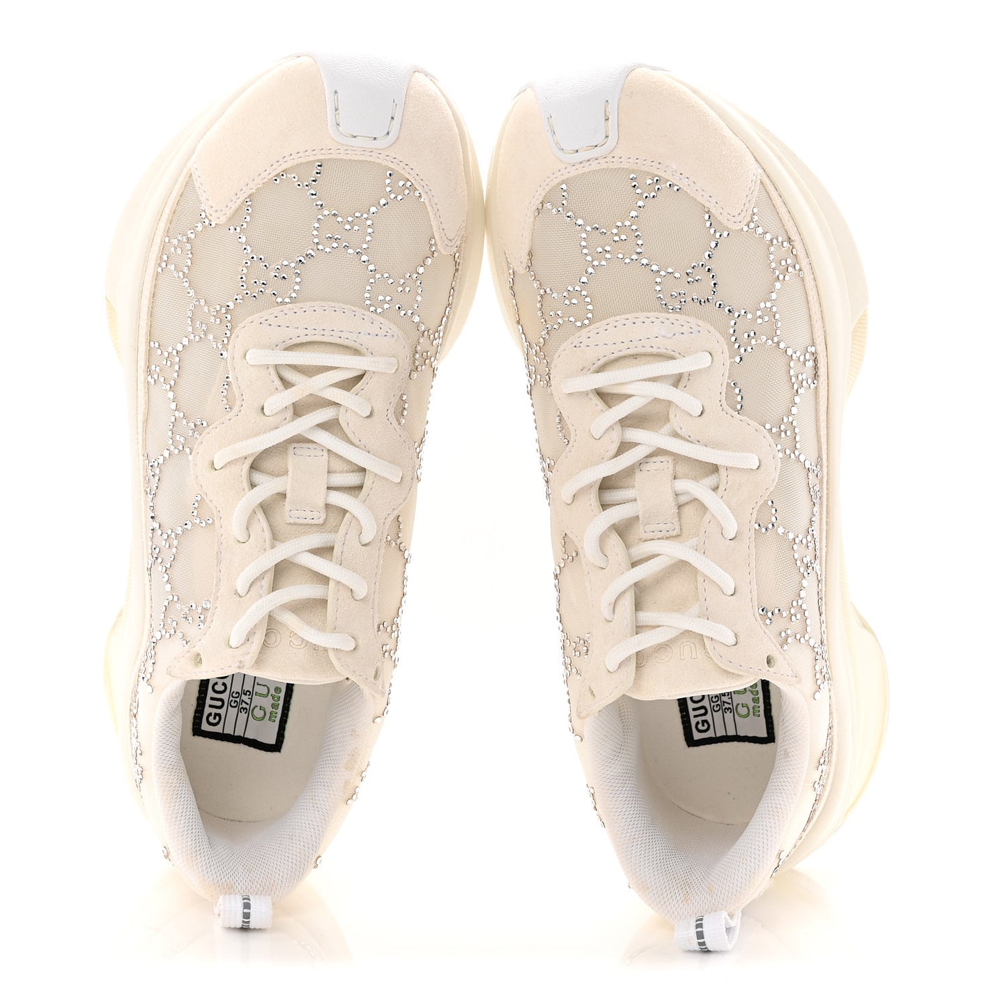 Tela Retino Mesh Crystal Suede GG Monogram Womens Gucci Run Sneakers 37.5 Off White Silver