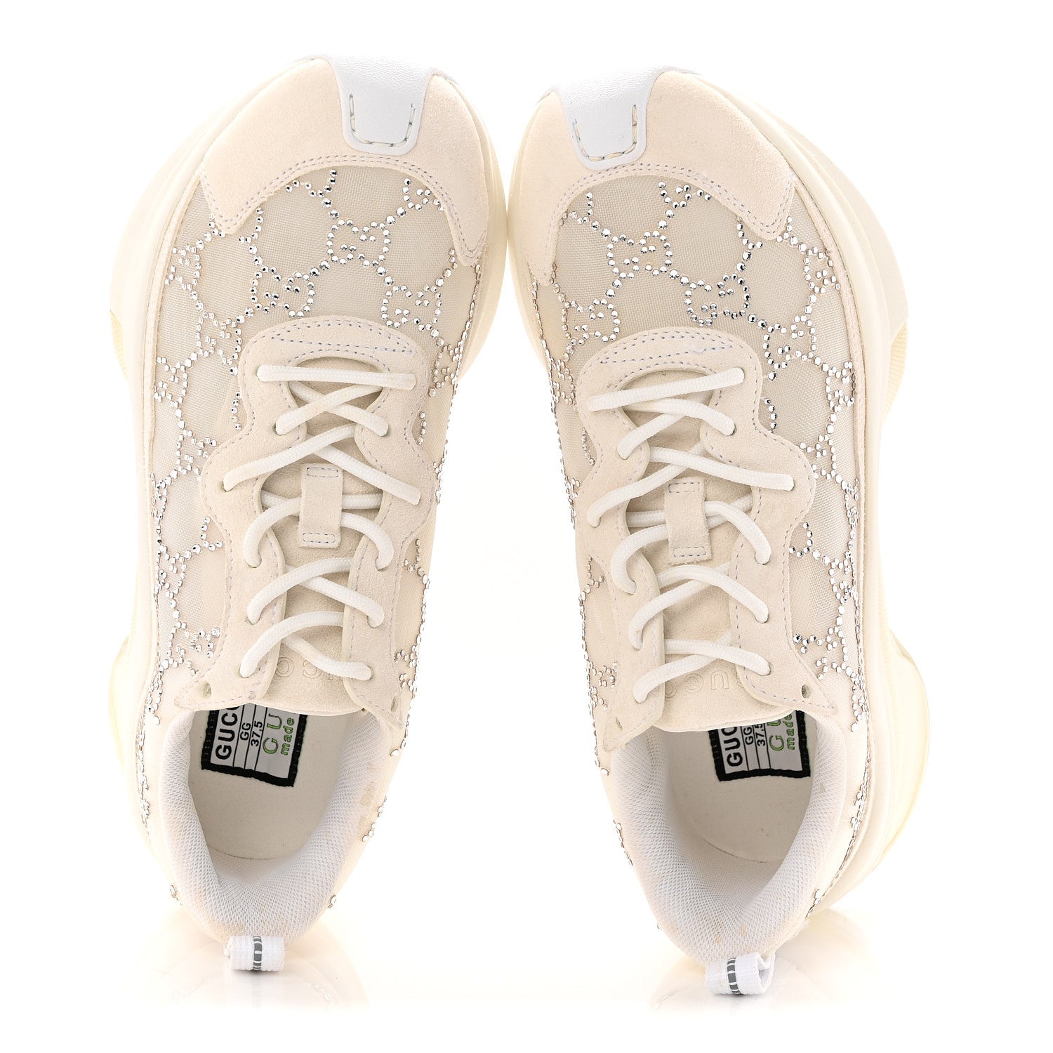 Gucci Tela Retino Mesh Crystal Suede GG Monogram Womens Gucci Run Sneakers 37.5 Off White Silver 2 of 10