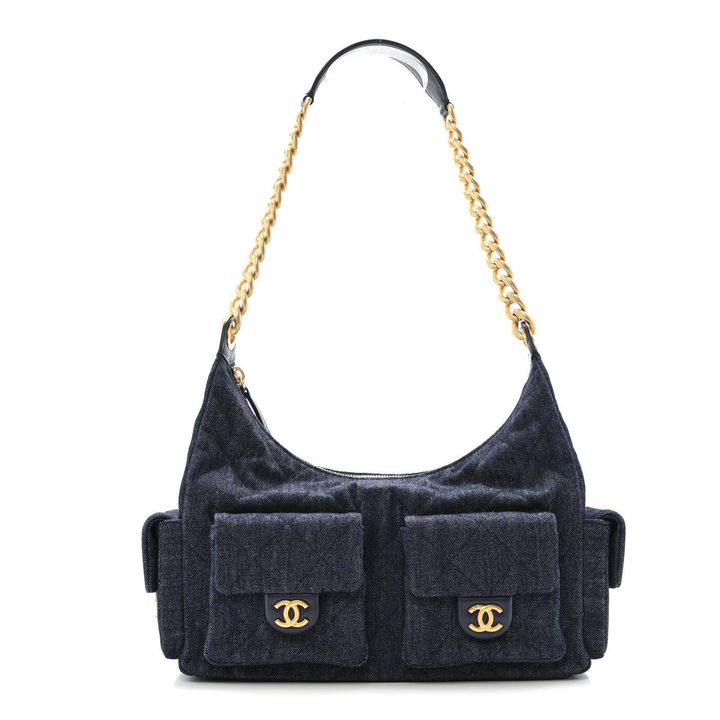 Washed Denim Quilted Maxi Trendy Pockets Hobo Dark Blue