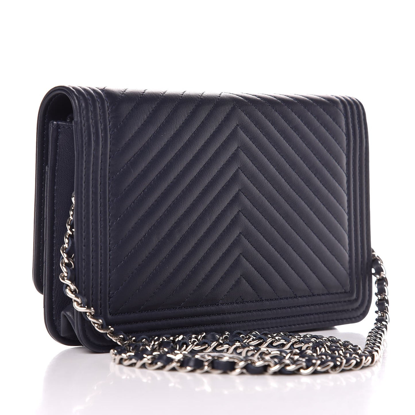 Calfskin Chevron Quilted Boy Wallet On Chain WOC Navy Blue