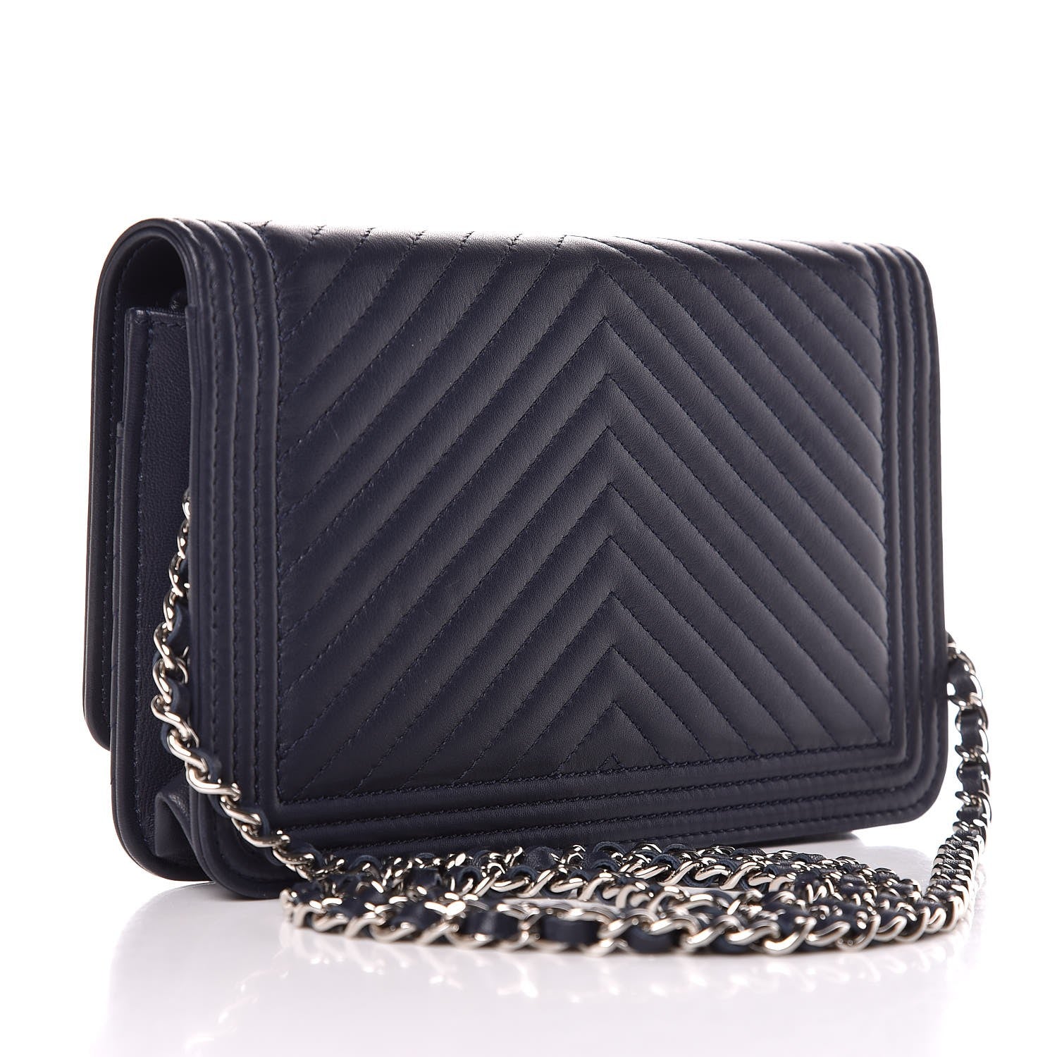 Chanel Calfskin Chevron Quilted Boy Wallet On Chain WOC Navy Blue 3 of 9