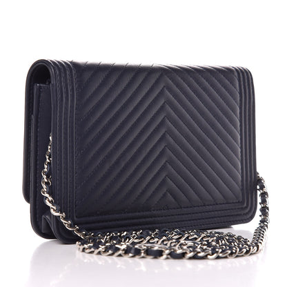 Chanel Calfskin Chevron Quilted Boy Wallet On Chain WOC Navy Blue 3 of 9
