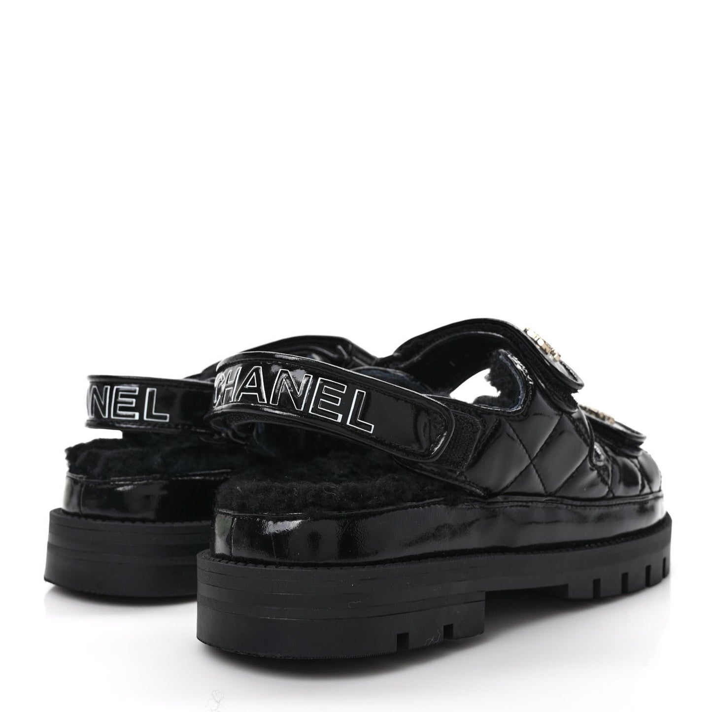 Laminated Lambskin Shearling Crystal CC Velcro Dad Platform Sandals 38 Black