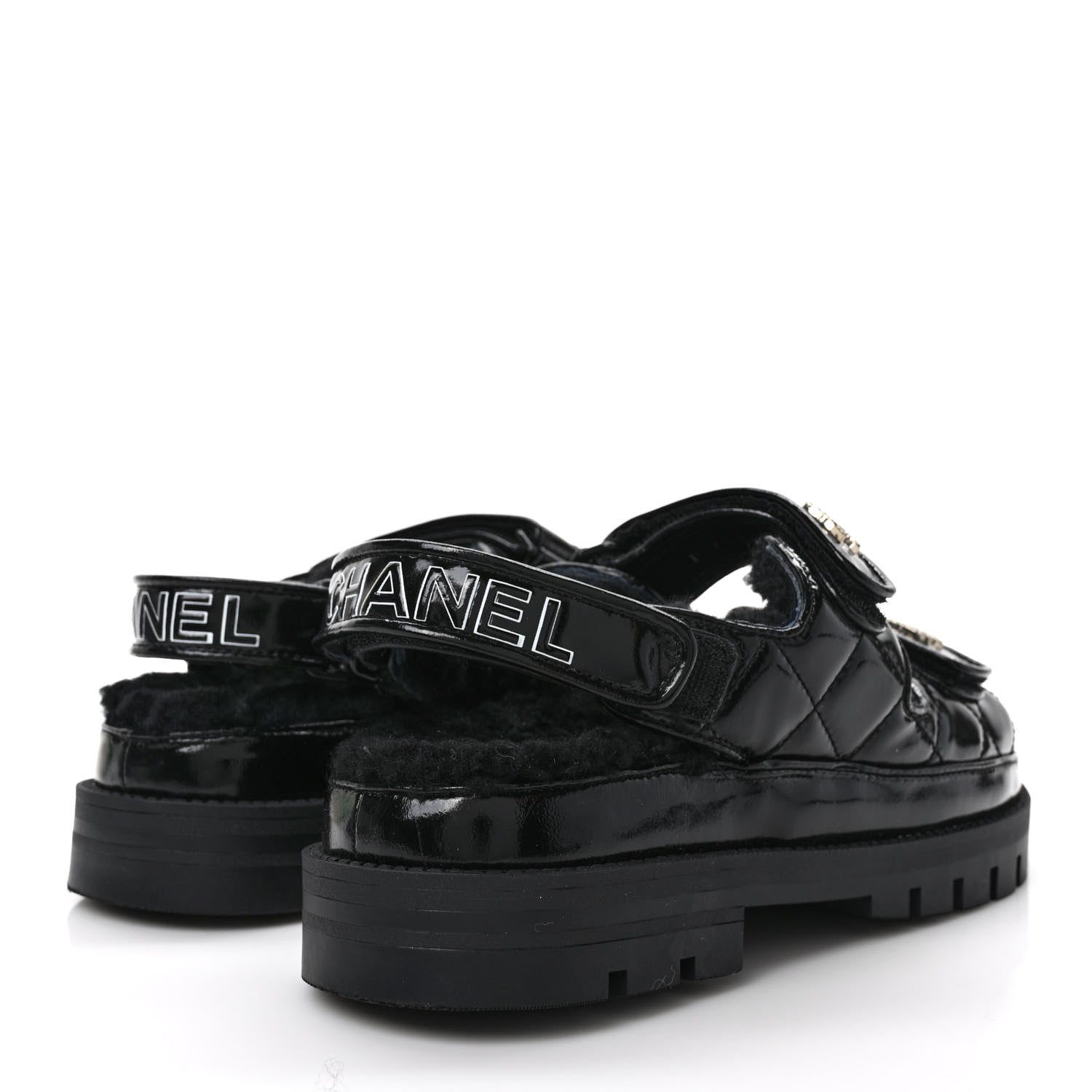 Chanel Laminated Lambskin Shearling Crystal CC Velcro Dad Platform Sandals 38 Black 4 of 8