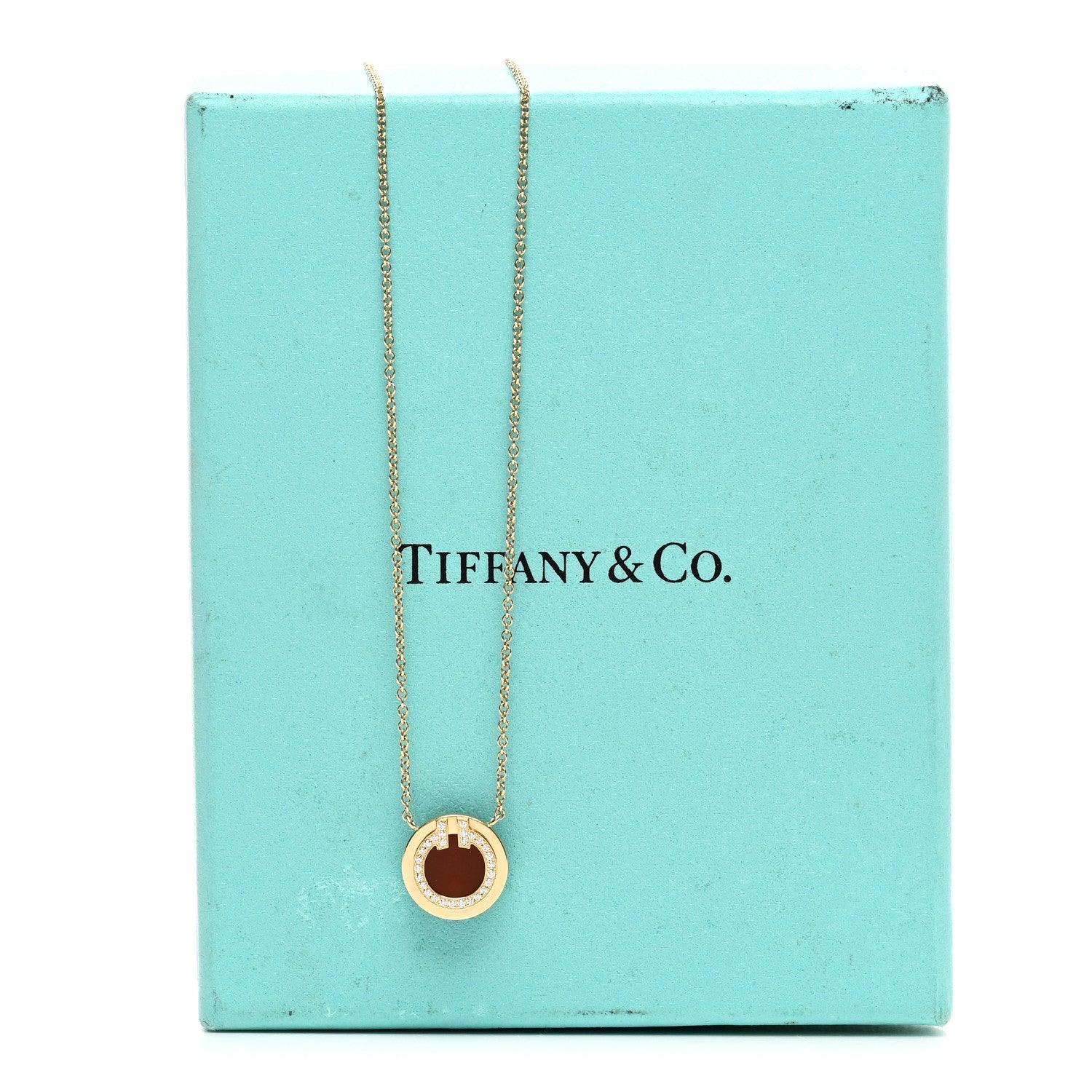 Tiffany 18K Yellow Gold Diamond Carnelian Small T Circle Pendant Necklace 5 of 5