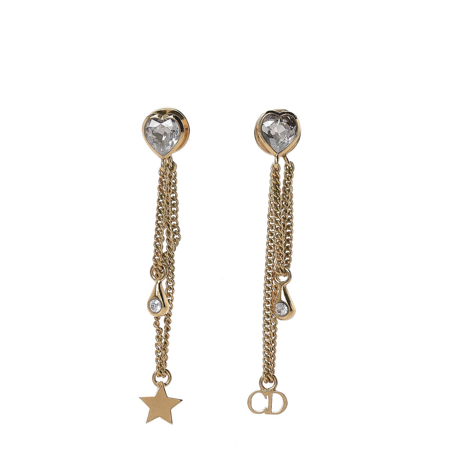 Christian Dior Crystal Heart Dangle Chain Earrings Gold 1 of 5