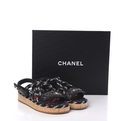 Chanel Cord Lambskin Quilted Logo Sandals 37 Black White 9 of 9