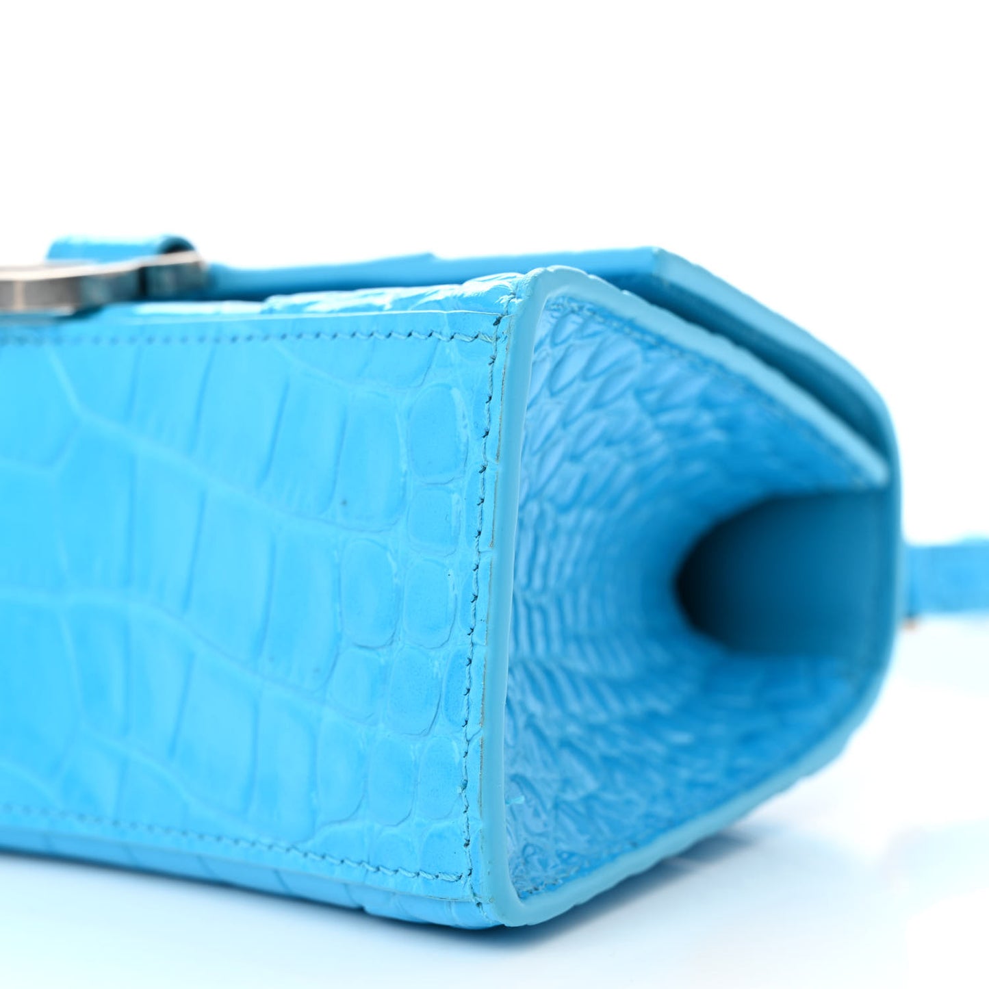 Shiny Calfskin Crocodile Embossed Hourglass Top Handle Bag XS Cyan