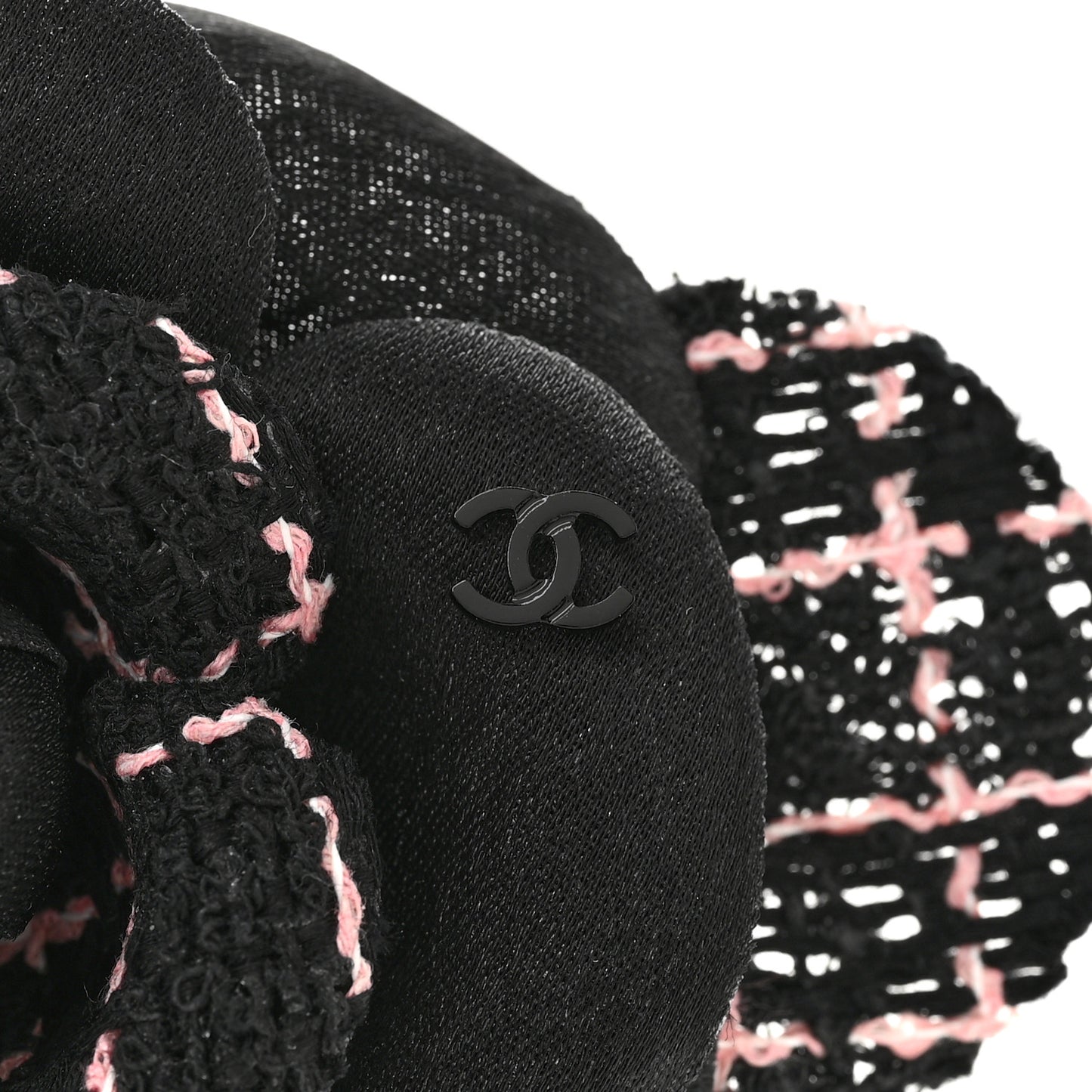 Tweed Camellia Pin Brooch Black Pink
