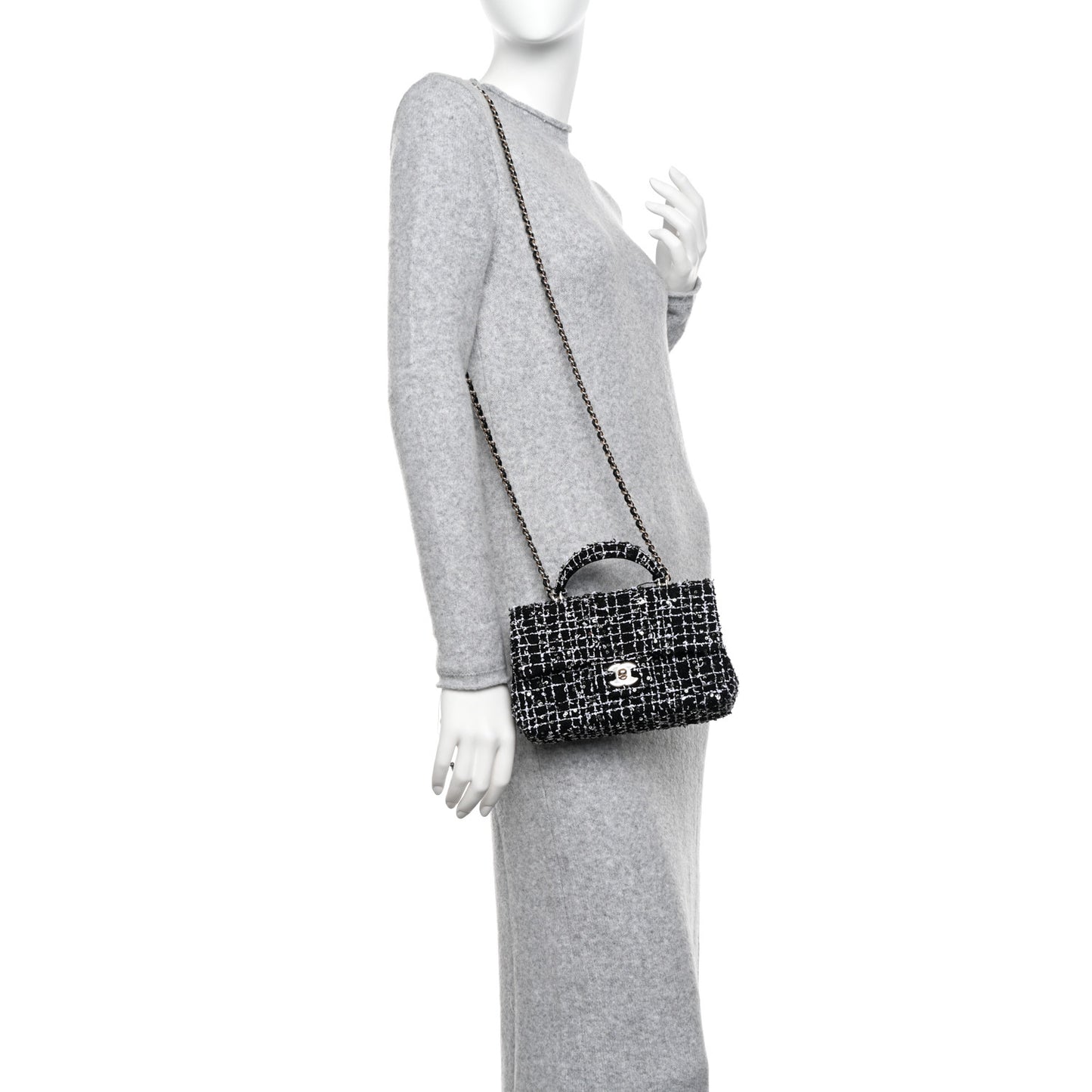 Tweed Quilted Mini Top Handle Rectangular Flap Black White