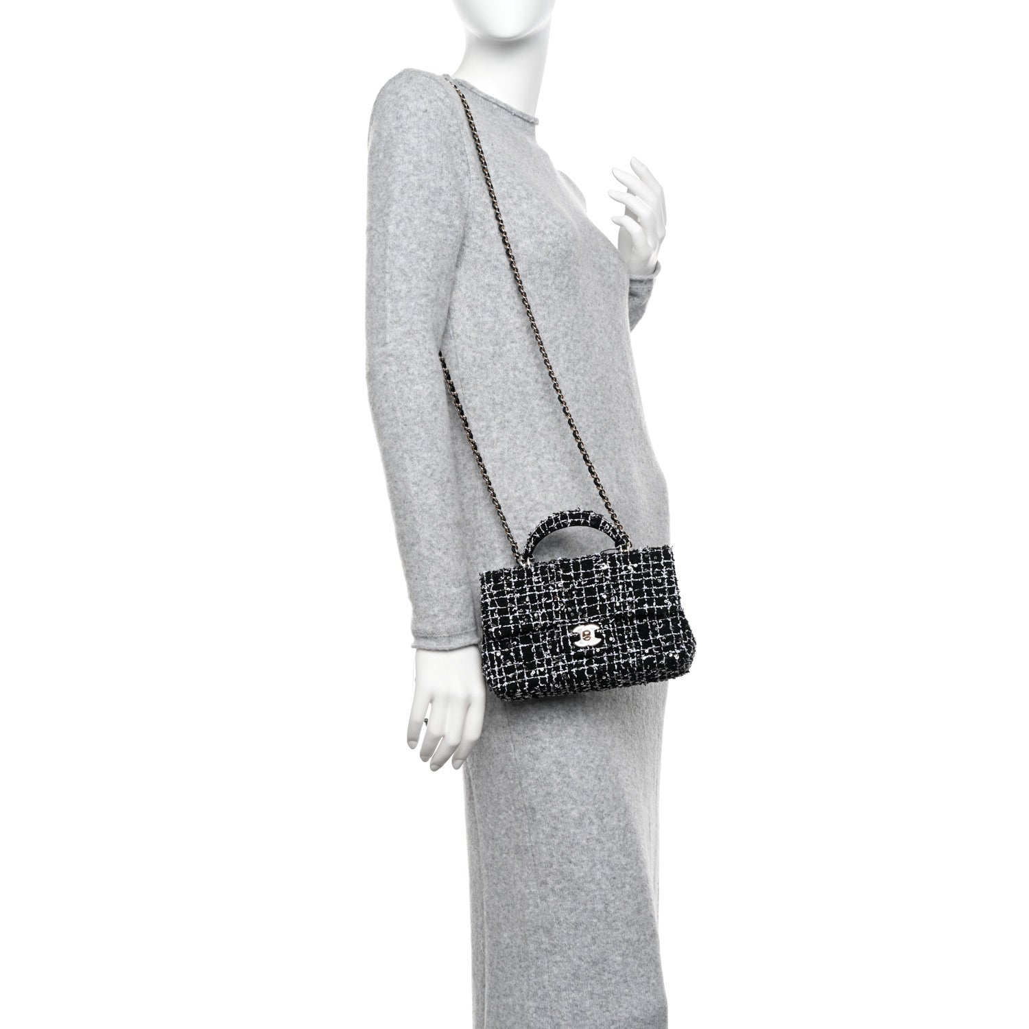 Chanel Tweed Quilted Mini Top Handle Rectangular Flap Black White 2 of 11