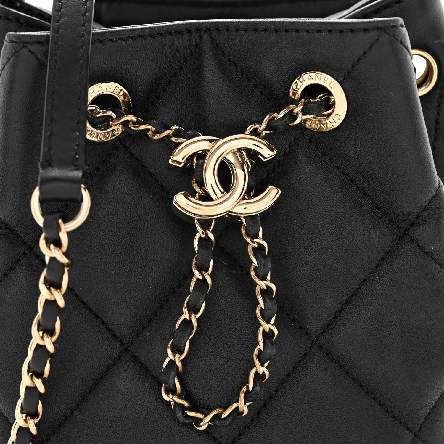 Chanel Lambskin Quilted CC Dweller Drawstring Bucket Bag Black 8 of 11