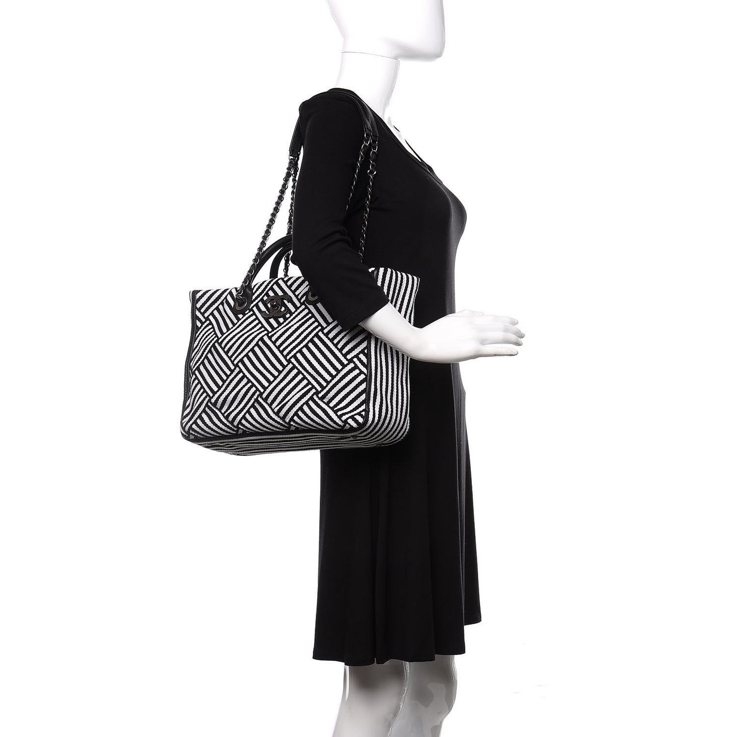 Woven Canvas Large Easy Shopping Tote Black White