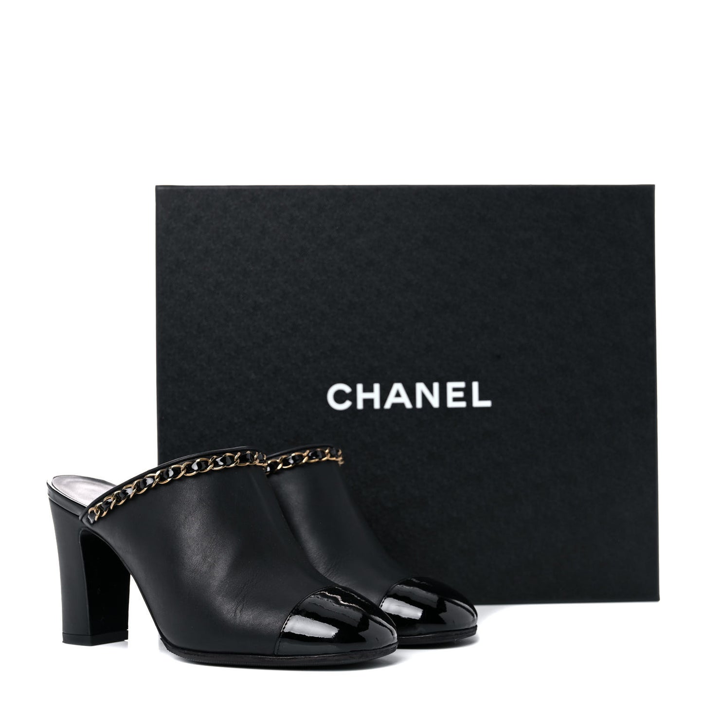 Calfskin Patent Cap Toe Chain Mule 35 Black