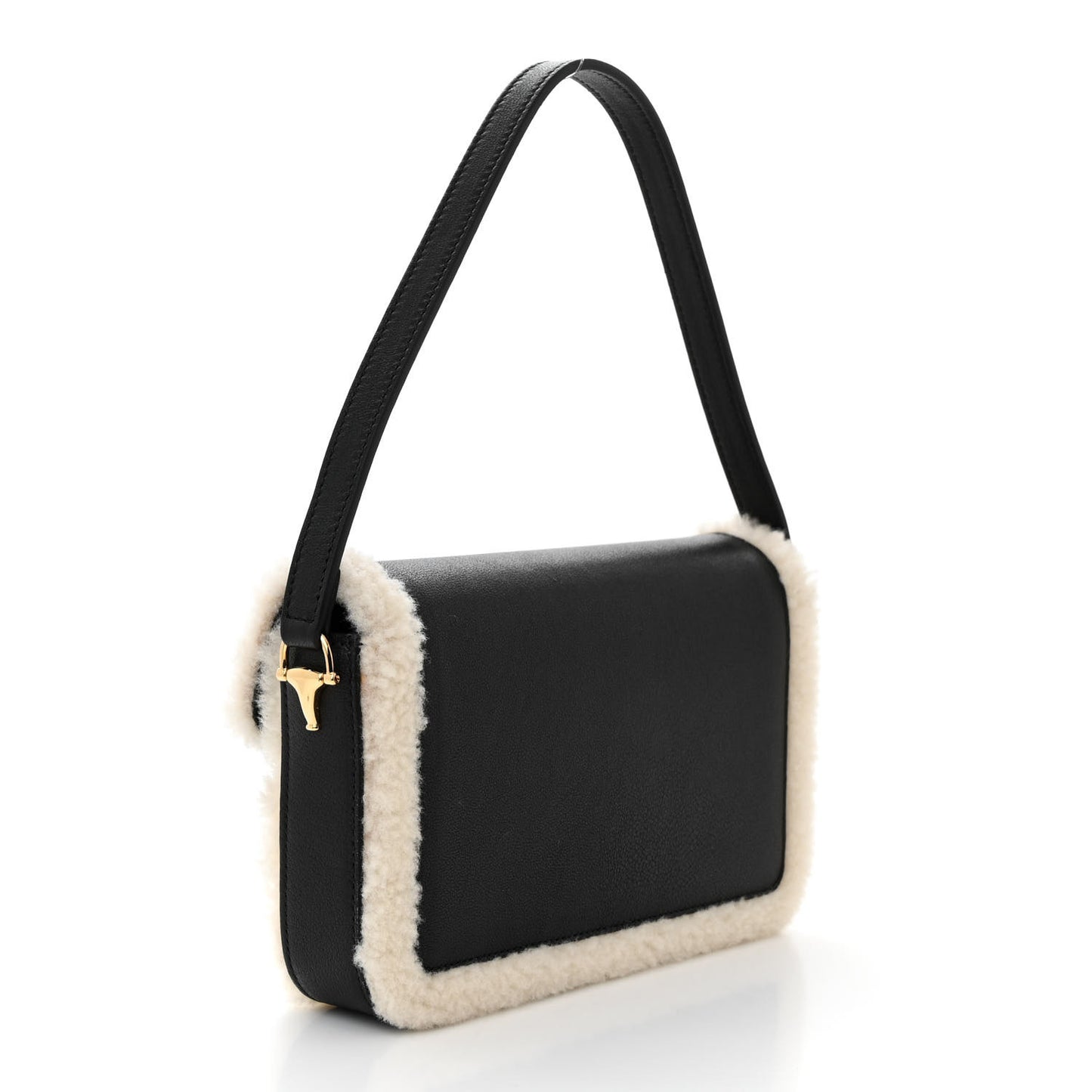 Sakai Be Green Calfskin Shearling Mini Horsebit 1955 Shoulder Bag Black