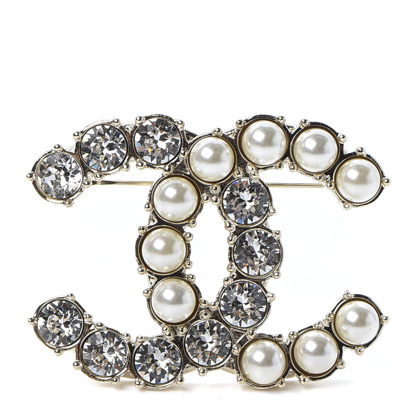 Crystal Pearl CC Dazzling Domino Brooch Gold