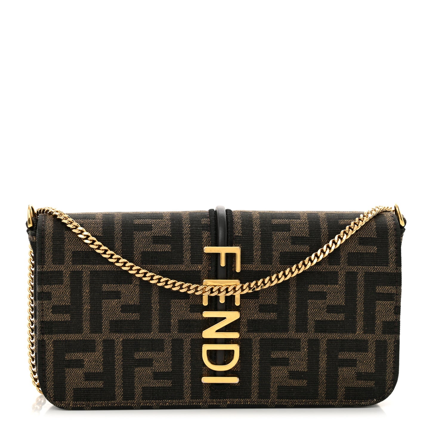 Fabric Jacquard Vitello Grace FF 1974 Fendigraphy Wallet On Chain Tobacco Moro Ebano