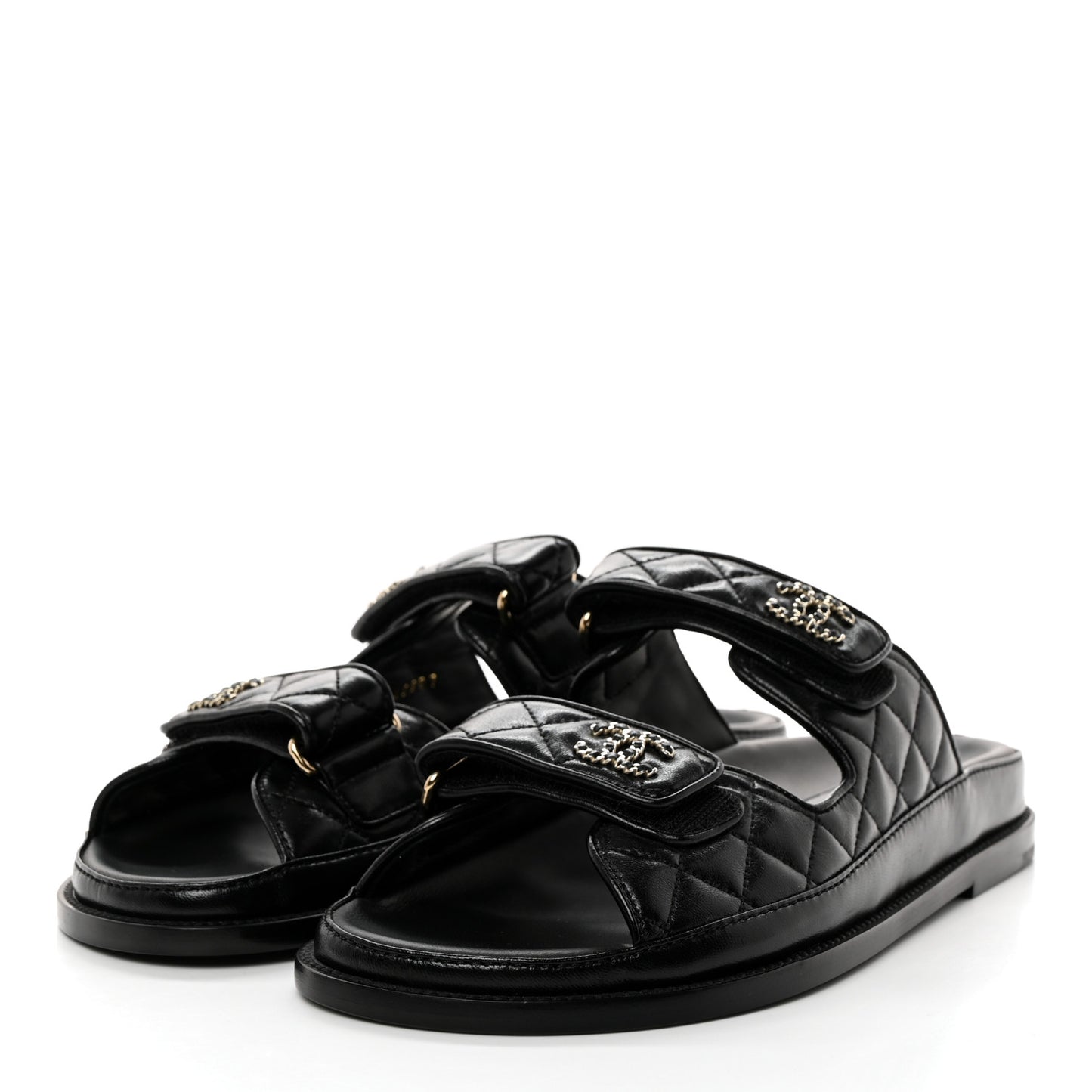 Lambskin Quilted Velcro Dad Chain CC Slide Sandals 40 Black