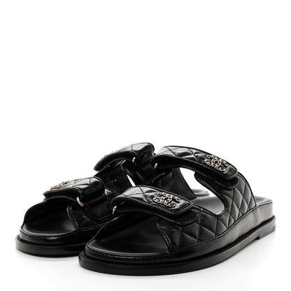 Chanel Lambskin Quilted Velcro Dad Chain CC Slide Sandals 40 Black 3 of 9