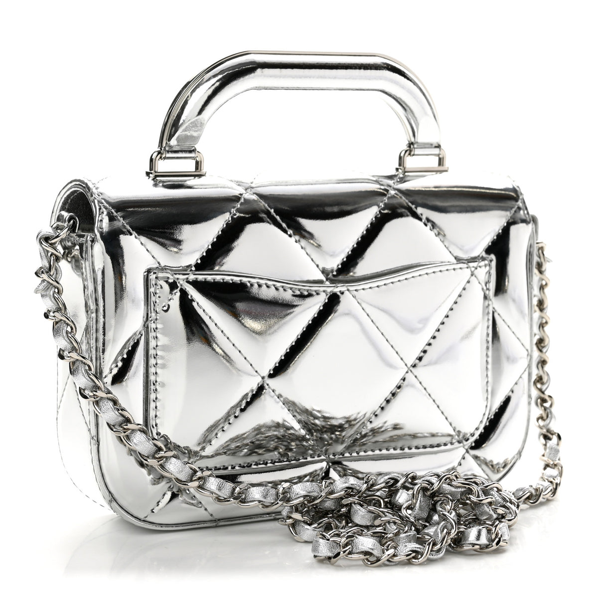 Mirror Calfskin Small Top Handle Clutch With Chain Silver