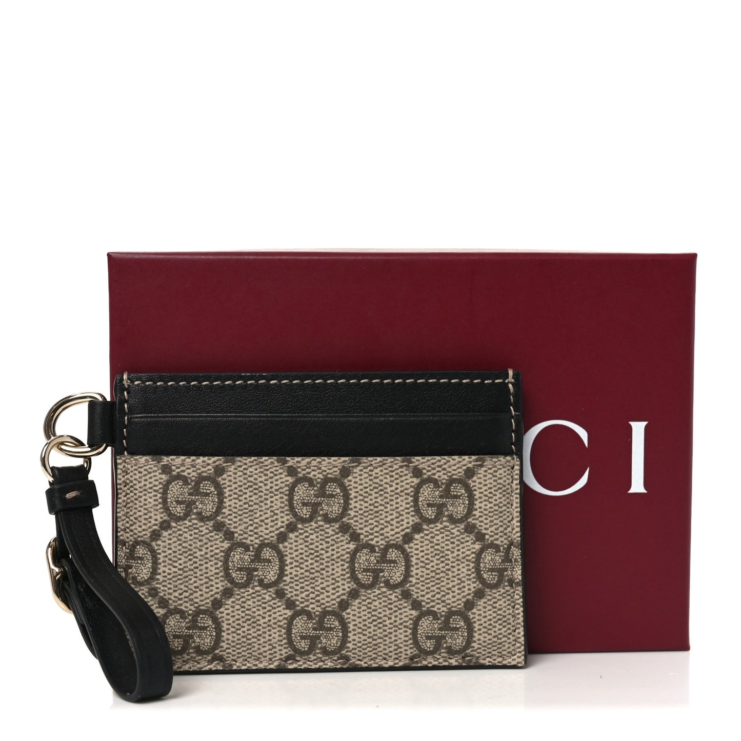 GG Supreme Monogram Calfskin Emblem Card Holder With Strap Beige Black