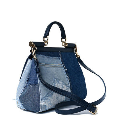 Dolce & Gabbana Calfskin Denim Patchwork Medium Miss Sicily Satchel Blue 2 of 6