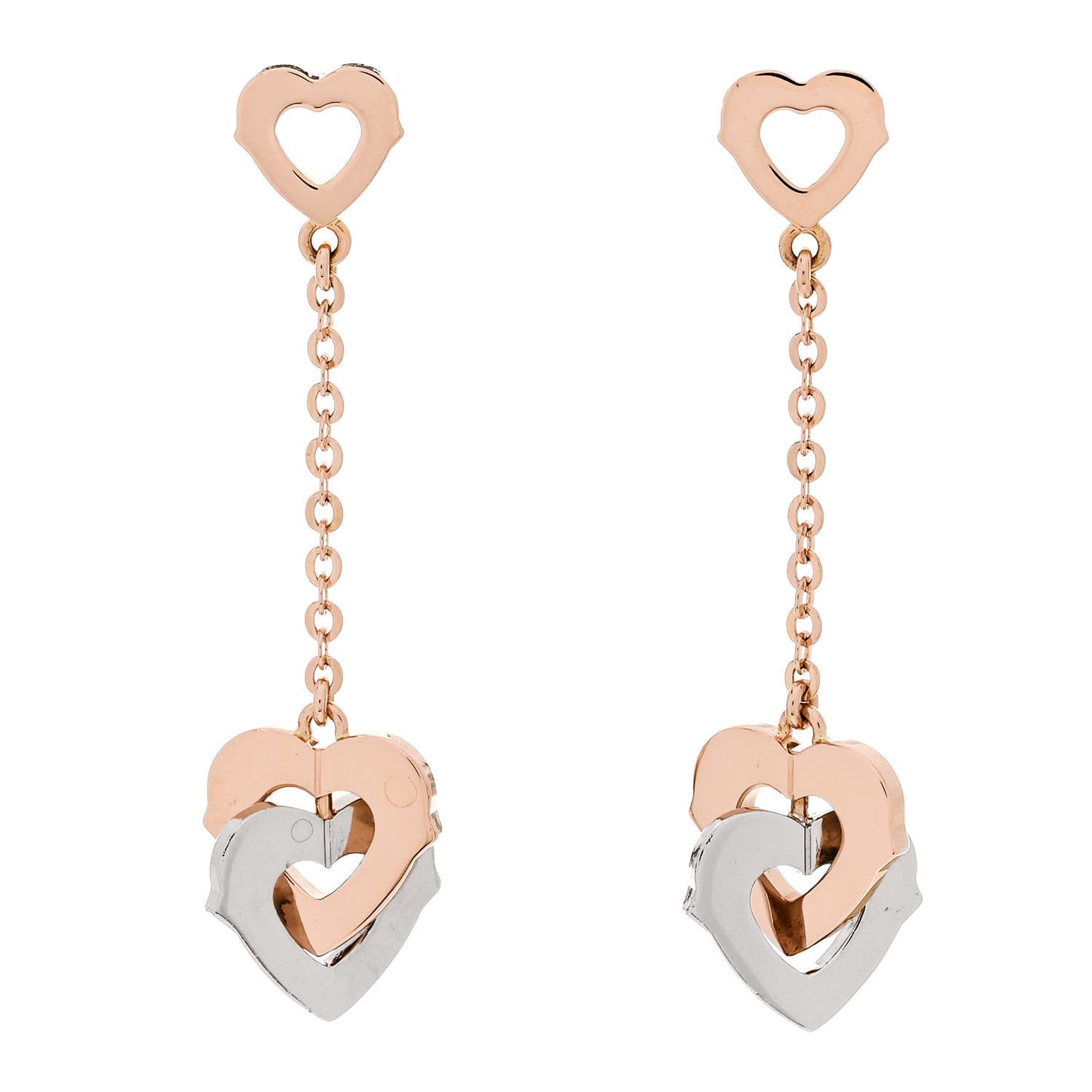18K Pink White Gold Double Heart Drop Earrings