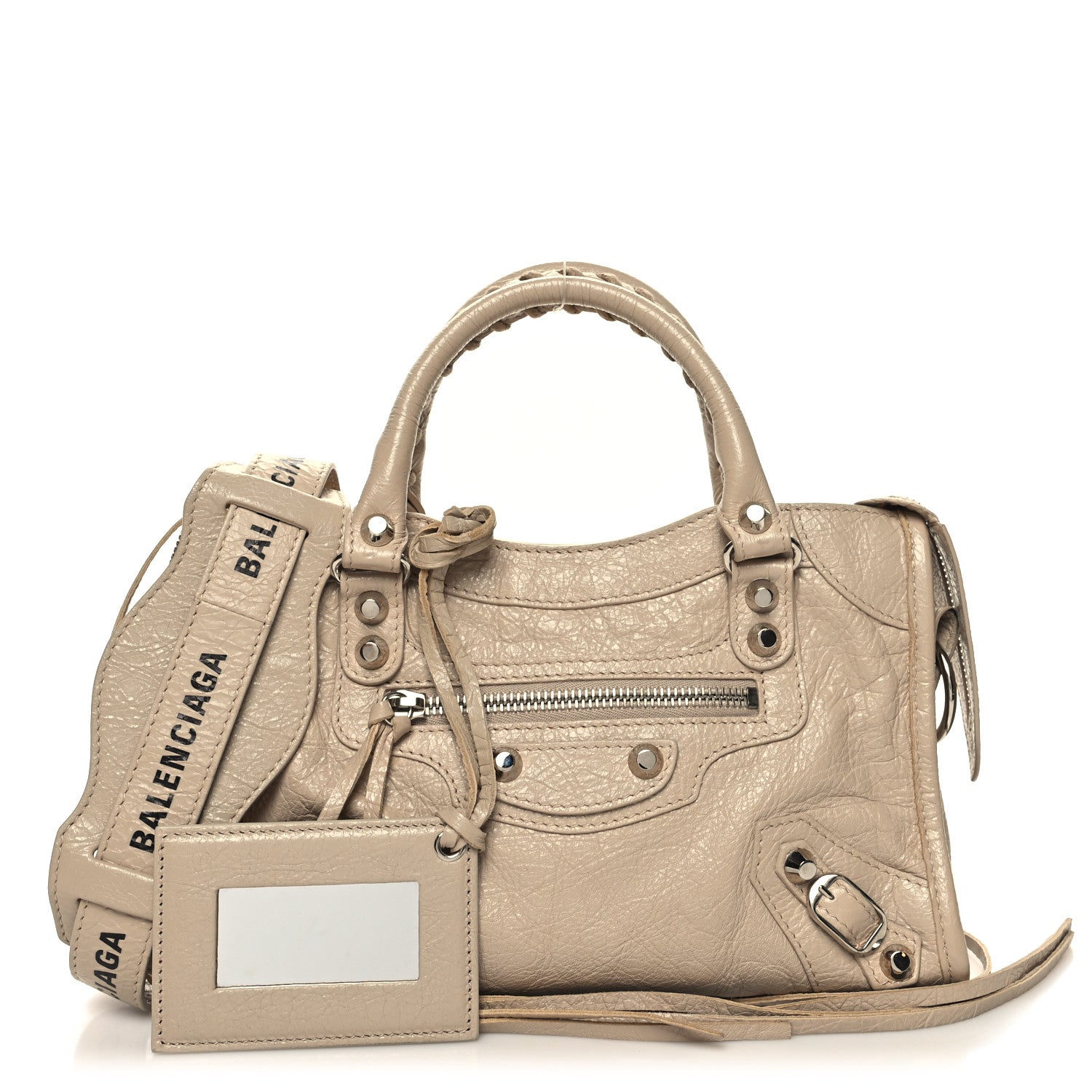 Balenciaga Agneau Classic Silver Hardware Mini City Logo Strap Light Beige Black 1 of 12