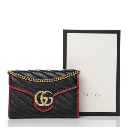 Gucci Vintage Effect Calfskin Matelasse Diagonal Torchon GG Marmont Chain Wallet Black Romantic Cherry 10 of 10