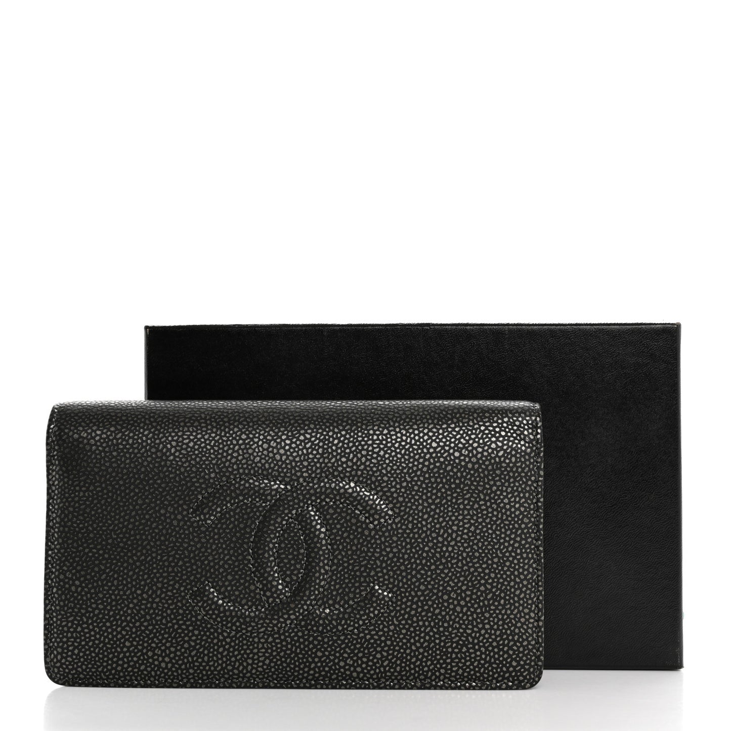 Metallic Caviar Timeless CC Yen Wallet Dark Silver
