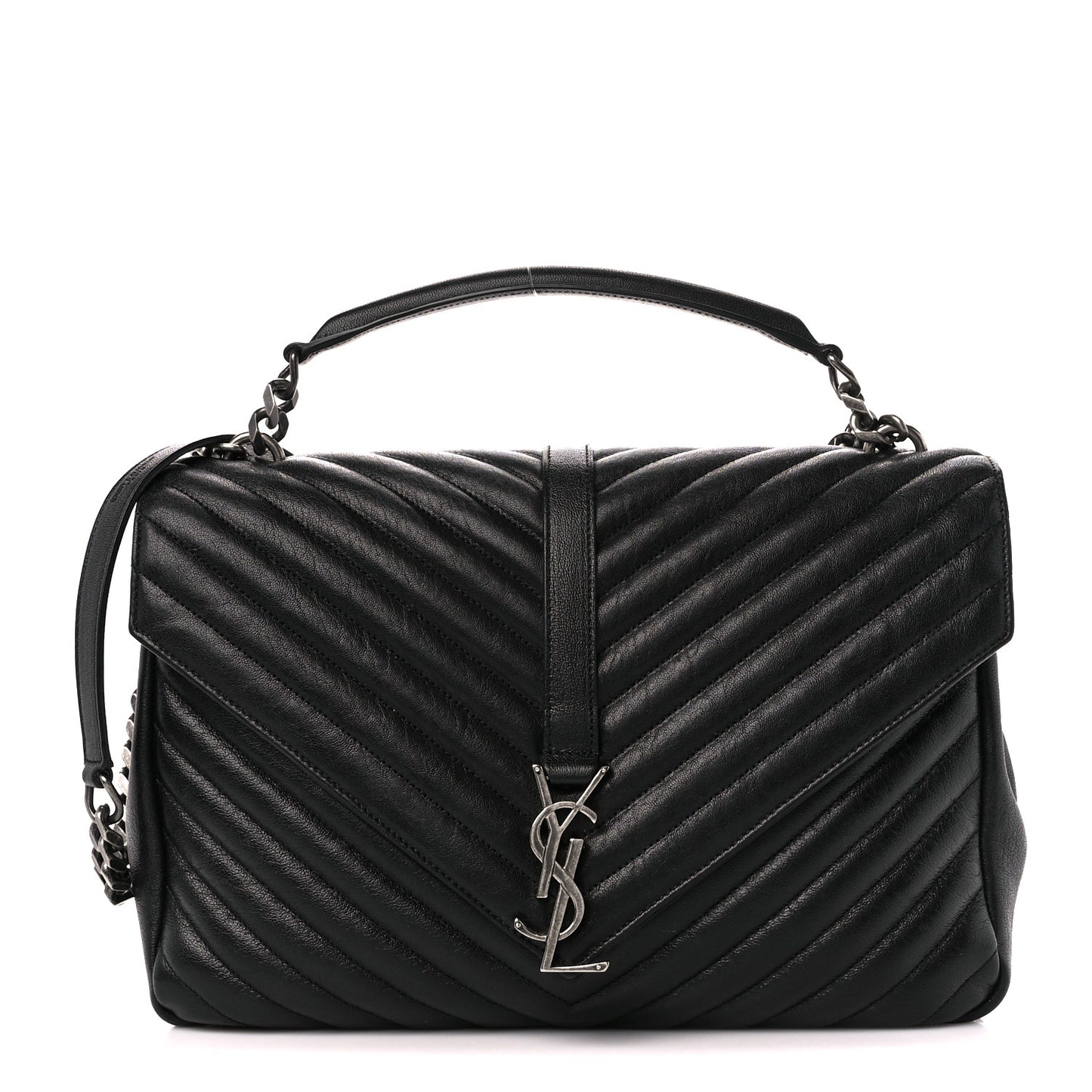 Sheepskin Matelasse Chevron Monogram Large College Satchel Black