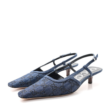 Gucci Denim GG Monogram Malaga Kid Crystal Square G 35mm Slingback Pumps 40 Blue 4 of 9