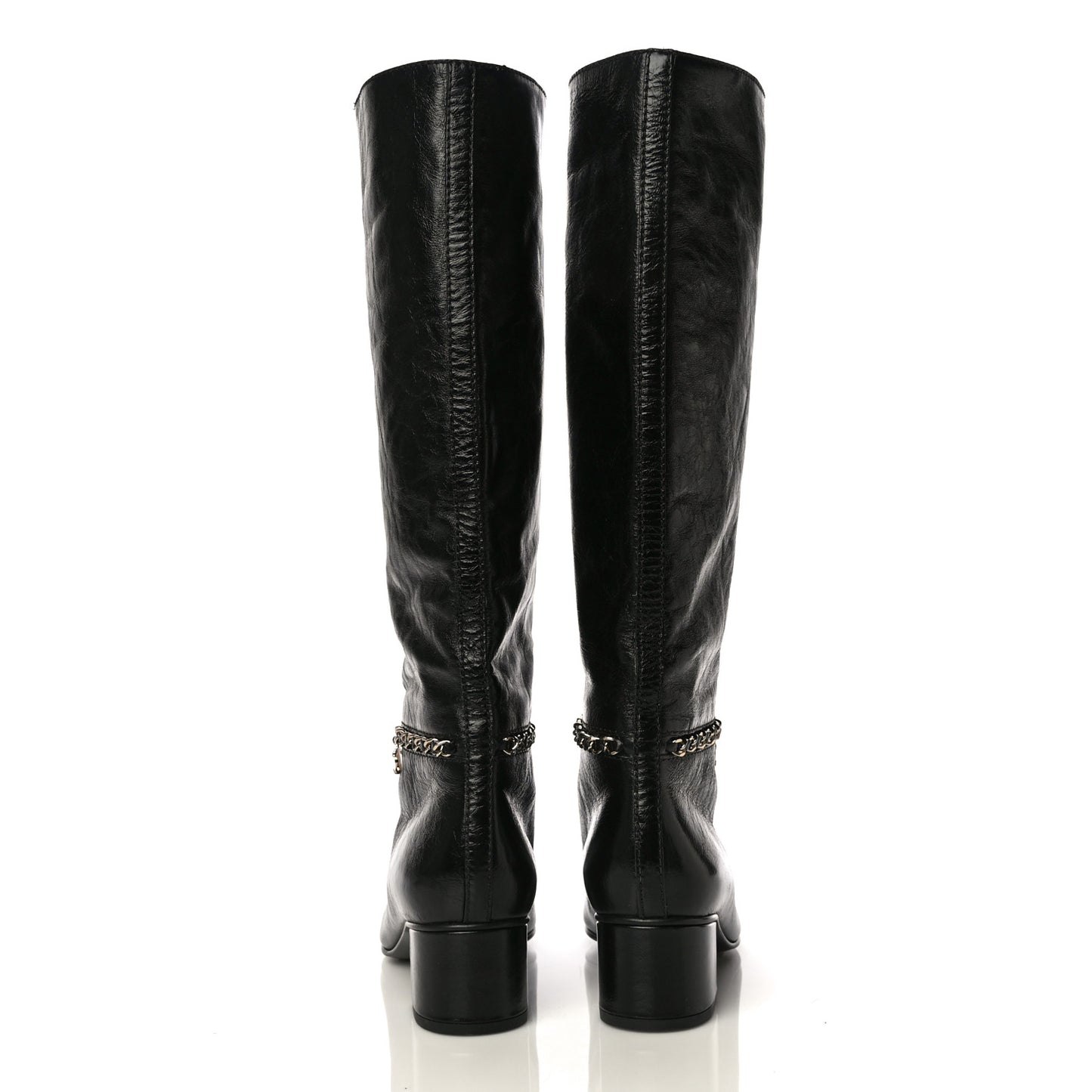 Crumpled Calfskin Cap Toe Chain Boots 37.5 Black