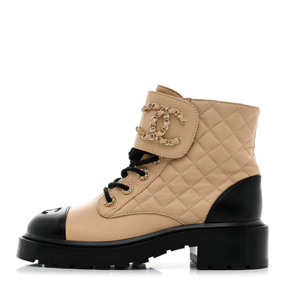 Chanel Lambskin Calfskin Quilted Lace Up Combat Boots 36.5 Beige Black 1 of 9