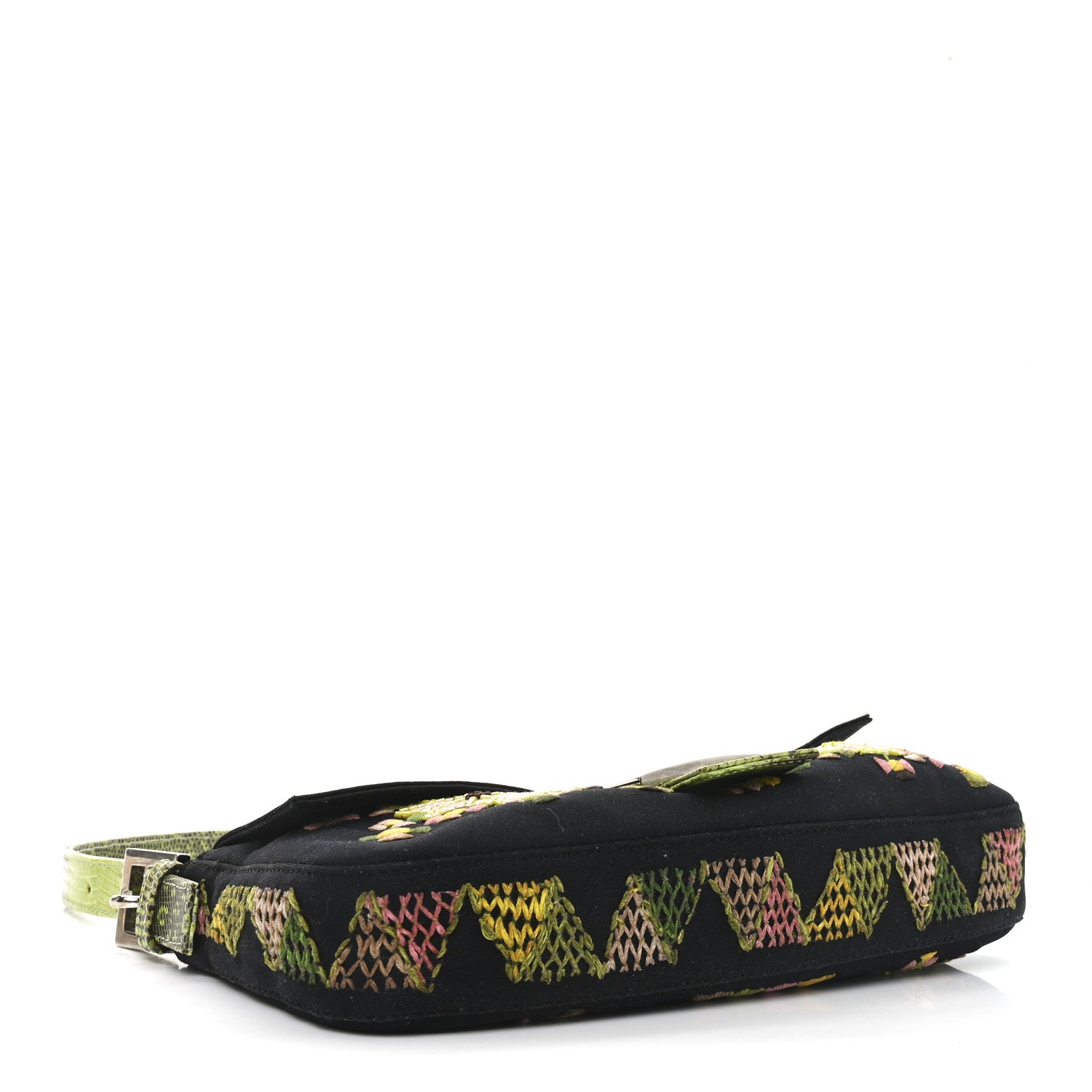 Fendi Neoprene Lizard Beaded Embroidered Baguette Black Green Multicolor 4 of 9