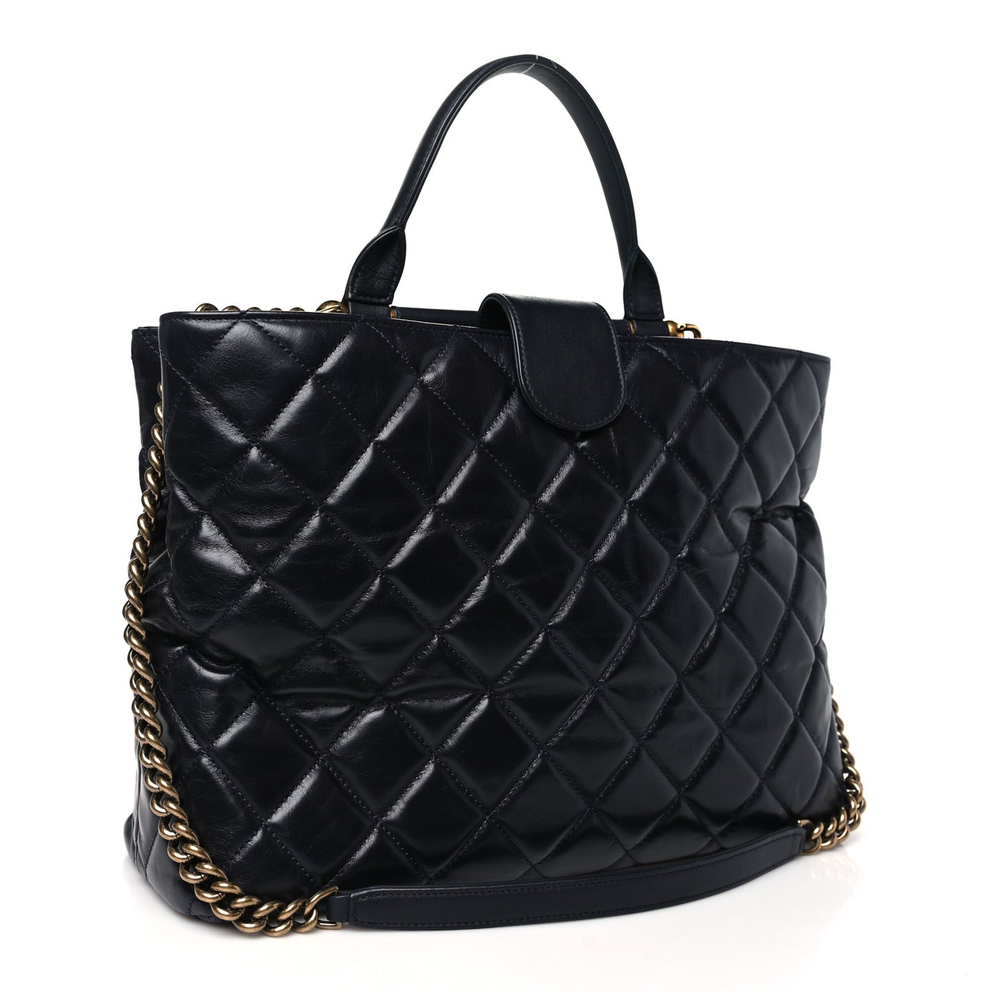 Calfskin Quilted Large Gold Bar Top Handle Tote Dark Navy Blue