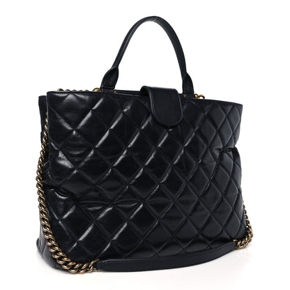 Chanel Calfskin Quilted Large Gold Bar Top Handle Tote Dark Navy Blue 3 of 11