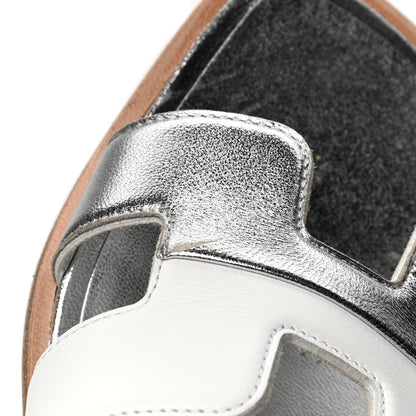 Hermes Metallic Nappa Box Oran Sandals 37.5 White Gris Argente 6 of 6
