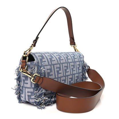 Fendi Denim Vitello Fringe FF Embroidered Baguette Myrtle Dark Nut 2 of 9