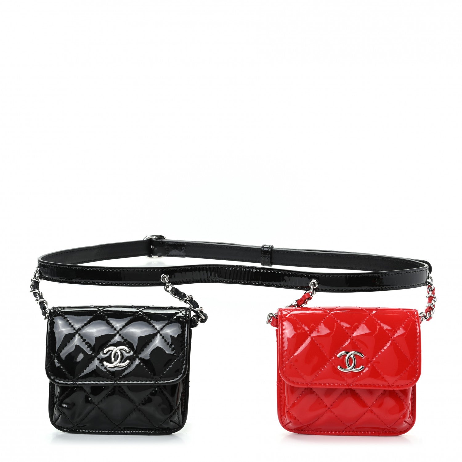 Chanel Patent Quilted Belt In Love Double Mini Flap Waist Bag Black Red 2 of 10