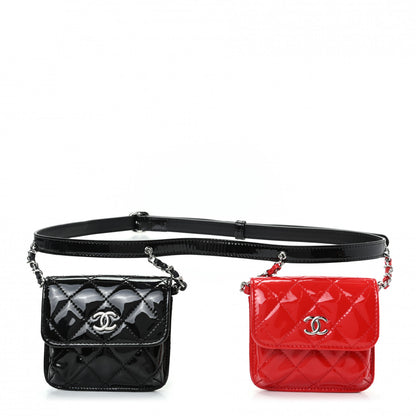 Chanel Patent Quilted Belt In Love Double Mini Flap Waist Bag Black Red 2 of 10
