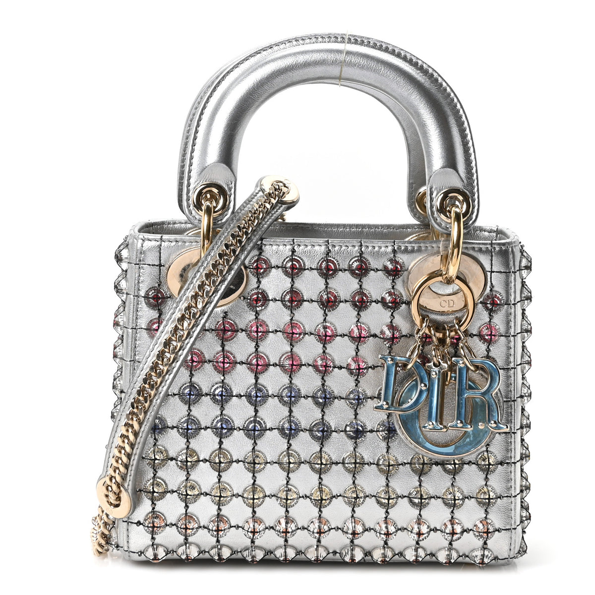 Christian Dior Metallic Calfskin Satin Celestial Bead Embroidery Cannage Mini Lady Dior Silver 2 of 19