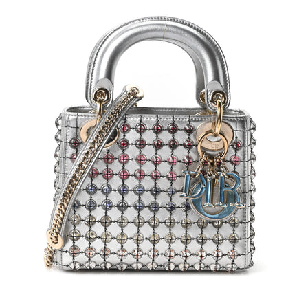 Christian Dior Metallic Calfskin Satin Celestial Bead Embroidery Cannage Mini Lady Dior Silver 2 of 19
