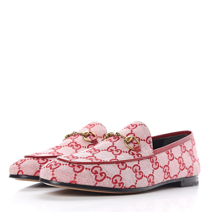 Gucci Canvas GG Monogram Horsebit Womens Jordaan Loafers 36.5 Gardenia Hibiscus Red 3 of 9