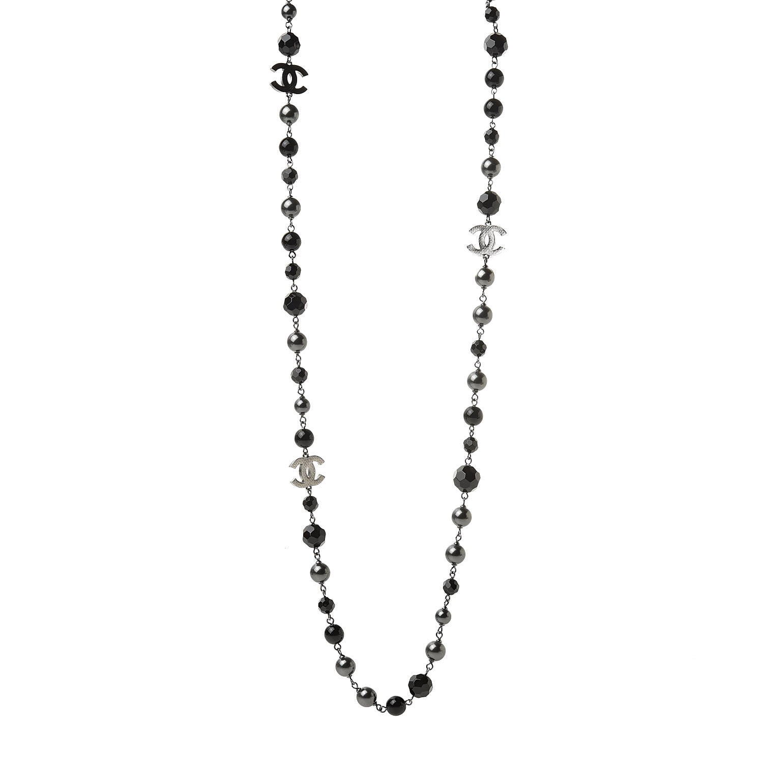 Chanel Pearl Bead Enamel CC Long Necklace Silver Black Grey 1 of 5