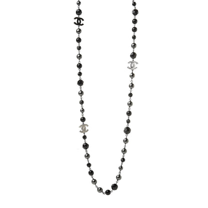 Chanel Pearl Bead Enamel CC Long Necklace Silver Black Grey 1 of 5
