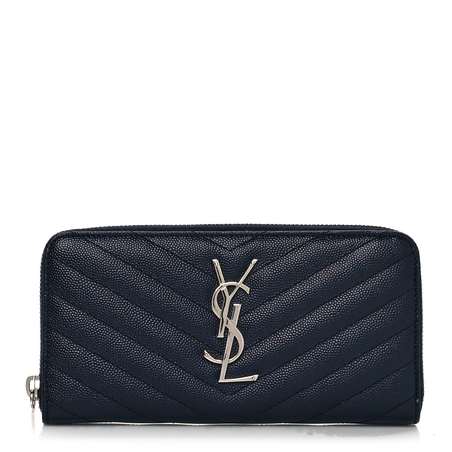 Saint Laurent Grain De Poudre Matelasse Chevron Monogram Zip Around Wallet Deep Marine 1 of 8