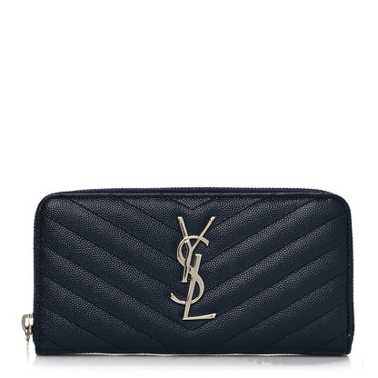 Saint Laurent Grain De Poudre Matelasse Chevron Monogram Zip Around Wallet Deep Marine 1 of 8