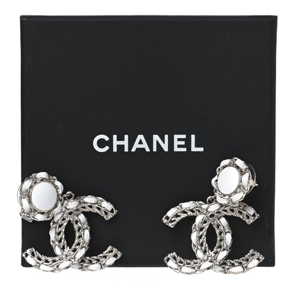 Chanel Lambskin Metal Chain CC Drop Earrings White Gold 5 of 5