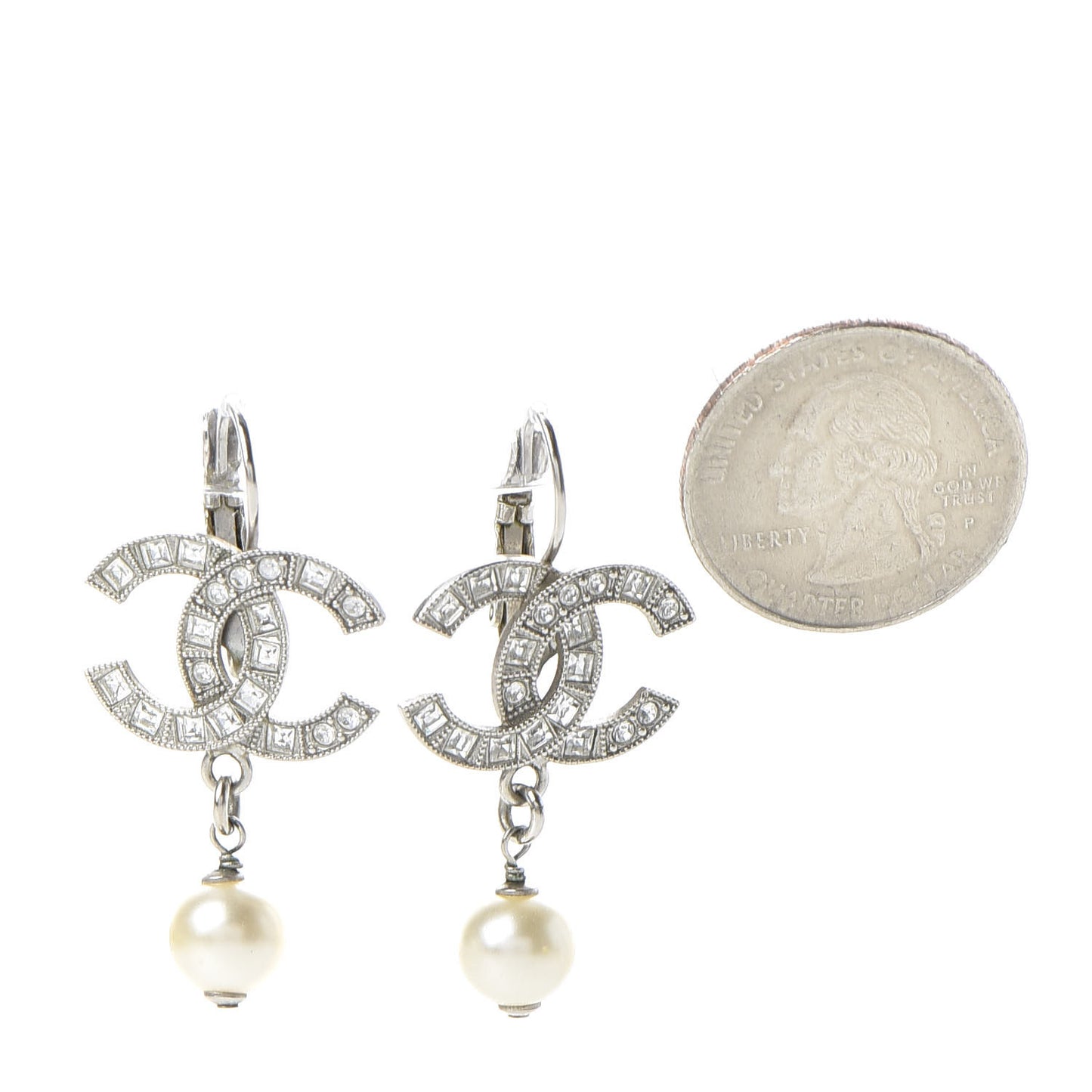 Baguette Crystal Pearl CC Drop Earrings Silver